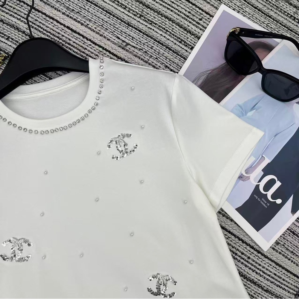 Chanel logo sequined beaded short-sleeved round-neck T-shirt - Picture 3 of 4